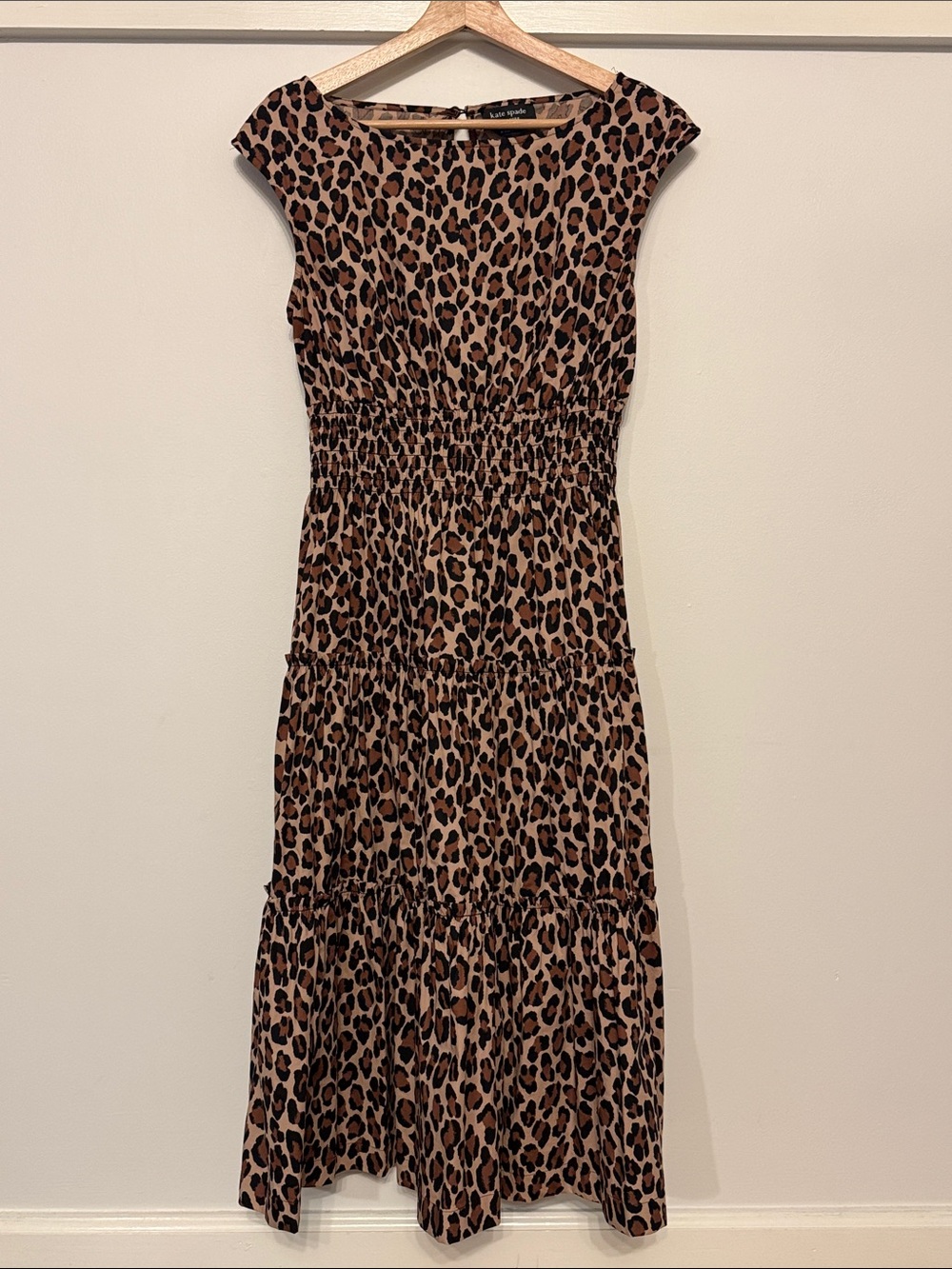 Kate Spade Spotted Leopard Blaire Midi Dress Smocked Waist Tiered Cotton Size M - Picture 3 of 9